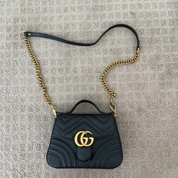 Gucci Black Quilted Top Handle Satchel with Gold GG - Picture 2 of 5